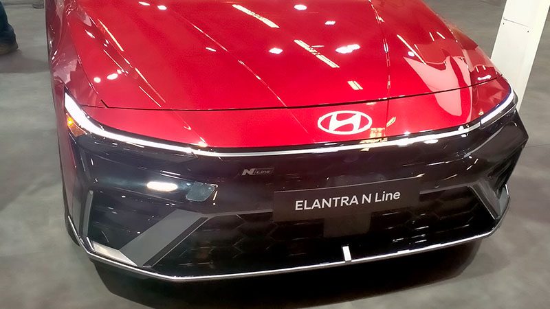 Close-up view of the Hyundai Elantra N Line, highlighting its sporty exterior design and performance features.