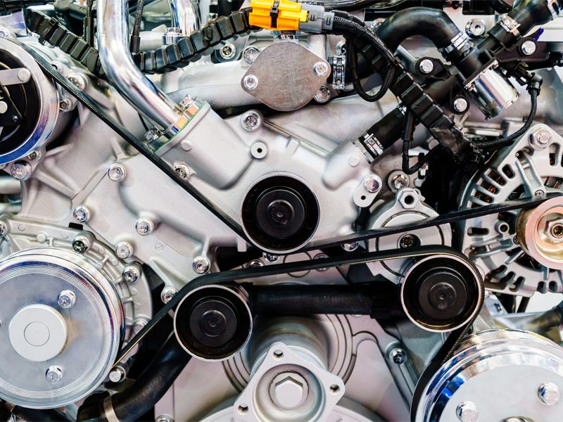 Close-up view of heavy-duty diesel truck engine motor components