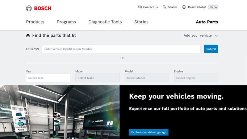 Screenshot of Bosch's official website, showcasing their products and services in automotive parts manufacturing.