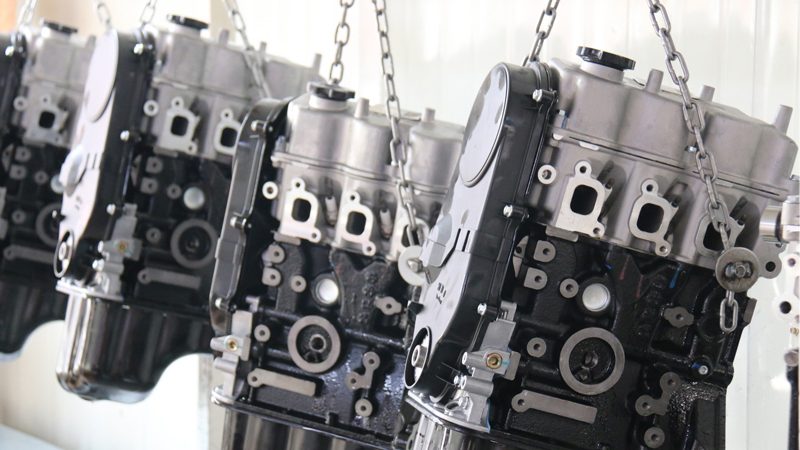 Newly assembled engine coming off the production line at Nanjing Woda Auto Technology Co., Ltd. factory.