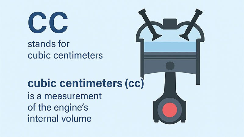 Infographic of a piston engine with text explaining CC and HP (cubic centimeters) as a measurement of engine volume