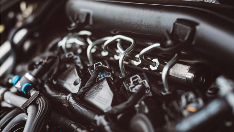 Close-up view of a diesel engine showcasing engine components and structure.