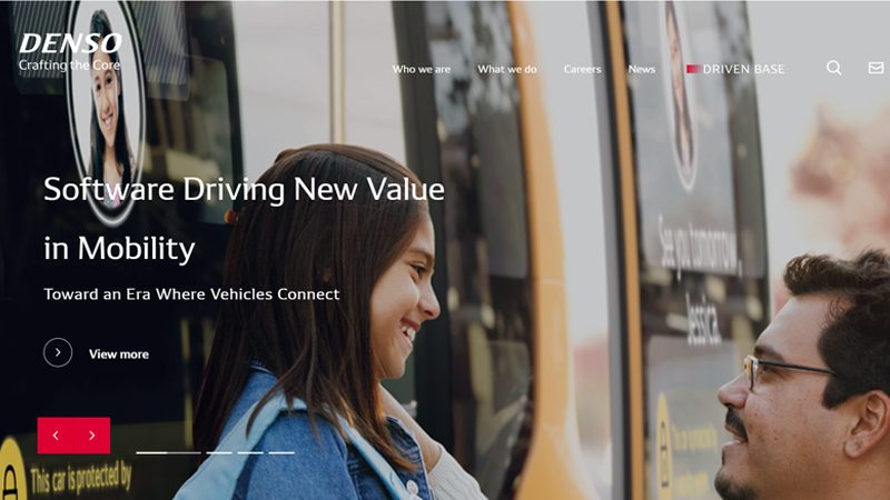 Screenshot of Denso's official website, showcasing their products and services in automotive parts manufacturing.