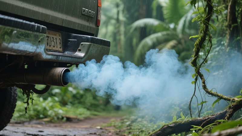 Blue smoke coming out of a car’s exhaust, often indicating engine oil burning in the combustion chamber