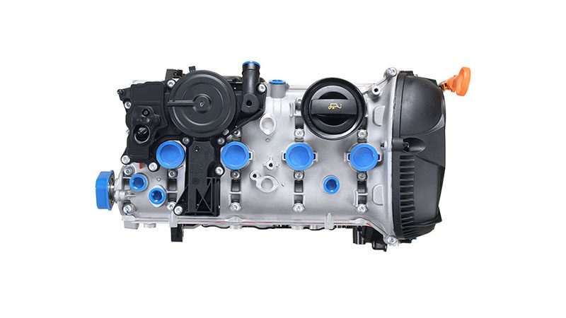 Top-down view of EA888 engine highlighting valve cover, ignition coils, and fuel rail layout.