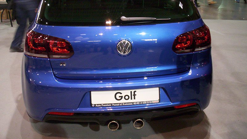Rear view of a blue Volkswagen Golf.