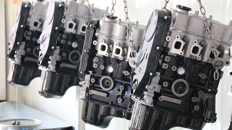 Auto engines assembled on the production line at Nanjing Woda Auto Technology Co., Ltd. factory.