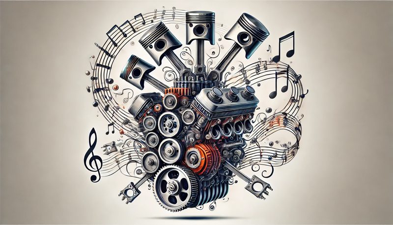 Image illustrating car engine parts—such as pistons, crankshaft, and camshaft—working in harmony, like instruments in a symphony, to create optimal engine performance.