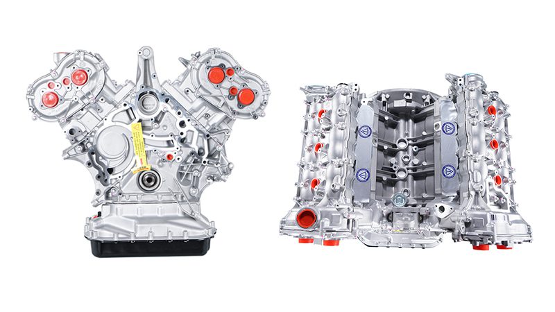 Two side views of a Mercedes-Benz C300 V6 engine showcasing its layout and components