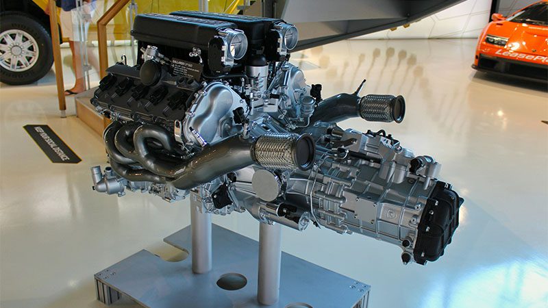 Display of a complex engine, showcasing intricate components and advanced engineering design.