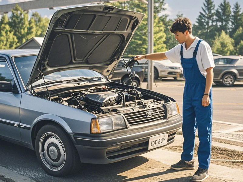 Mechanic opening the hood of a car to inspect and repair the engine, with visible engine components and tools.