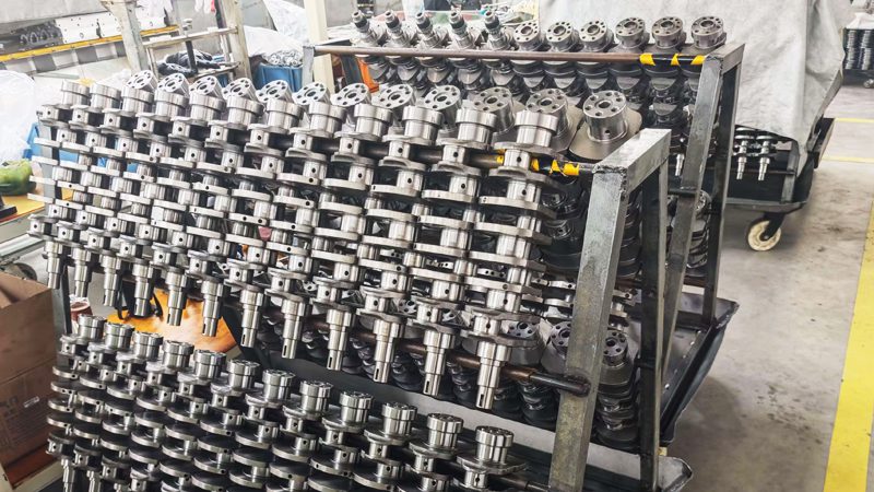 Close-up of high-quality crankshafts showcased in the factory of Nanjing Woda Auto Technology Co., Ltd.