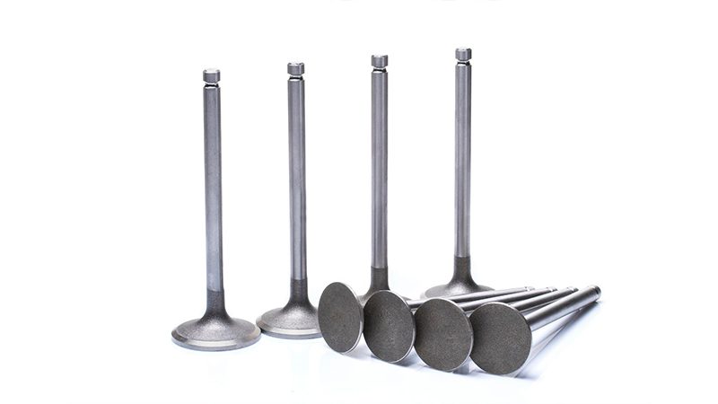 Close-up photo of a metal engine valve isolated on a white background, highlighting its stem and head structure.