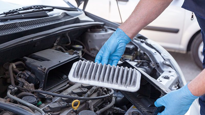 Close-up view of a car engine air filter.