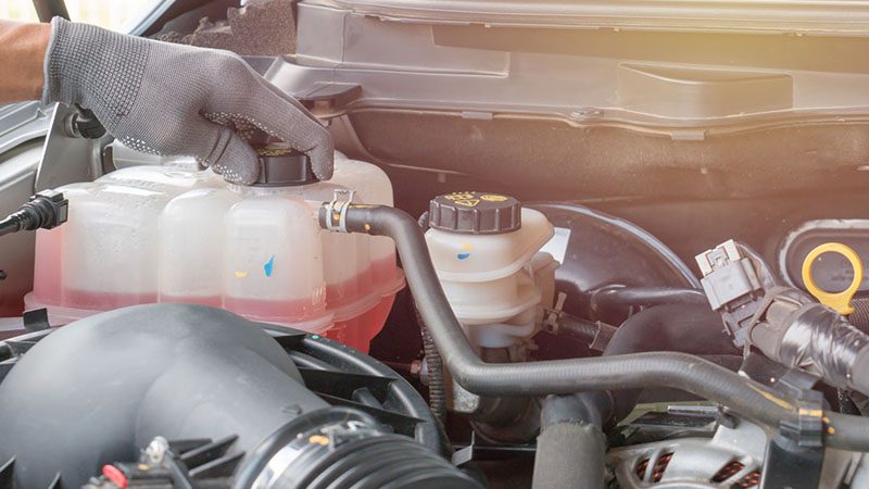 Mechanic checking the coolant level in a car’s reservoir during routine maintenance.
