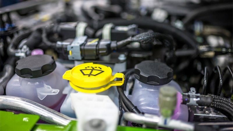 Coolant reservoir cap located under the hood of a car.