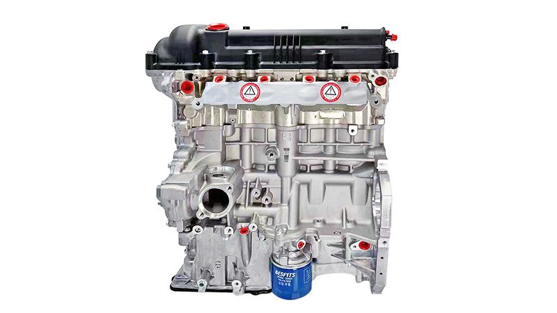 Front view of a G4FA engine, showing the cylinder head, intake manifold, and engine block layout.