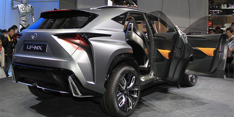 Close-up view of the Lexus LF-NX rear, showcasing its sleek and futuristic design elements.