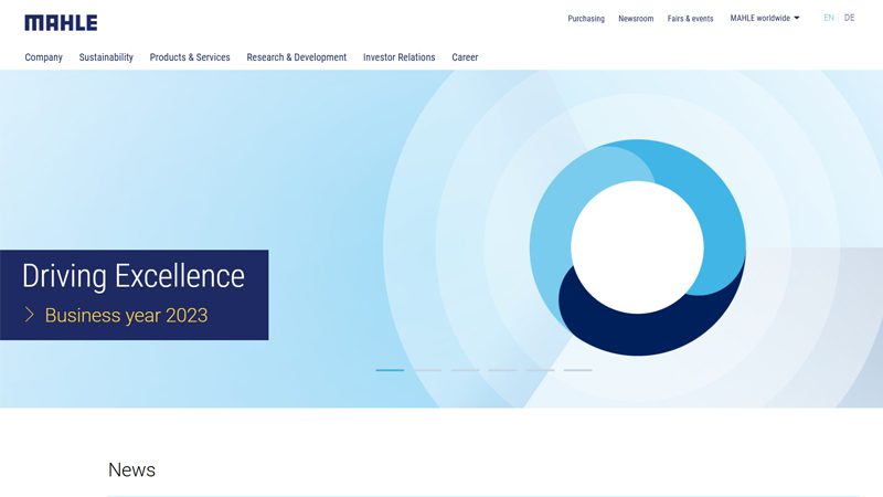 Screenshot of Mahle's official website, showcasing their products and services in automotive parts manufacturing.