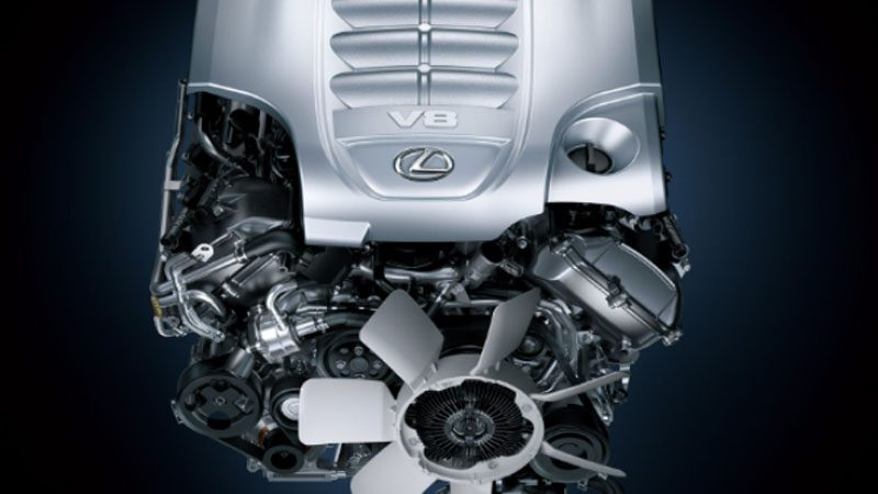 Close up of Toyota 3UR-FE engine.