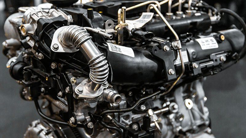 Close-up view of a new turbocharged engine with visible components