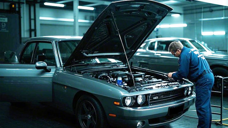Mechanic performing regular engine maintenance in a professional car workshop.
