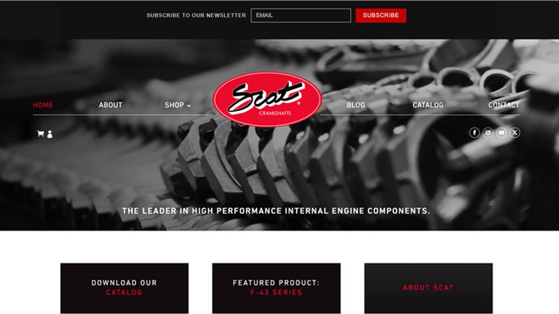 SCAT Crankshafts website screenshot focused on performance and racing engine components