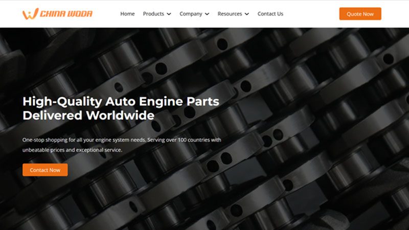 Screenshot of Nanjing Woda’s website showcasing forged crankshafts and engine part exports