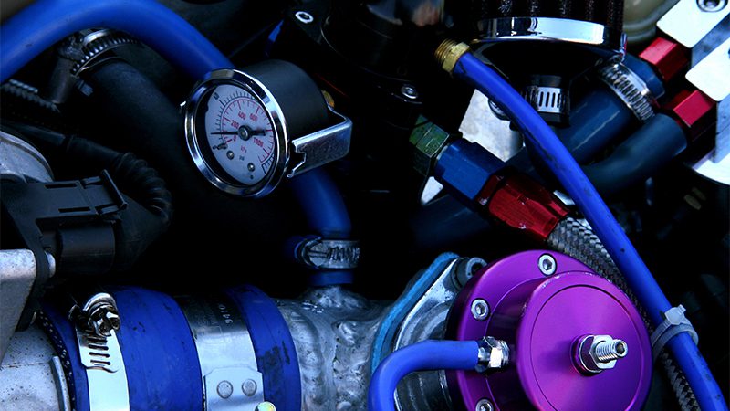 Close-up of a car's fuel delivery system