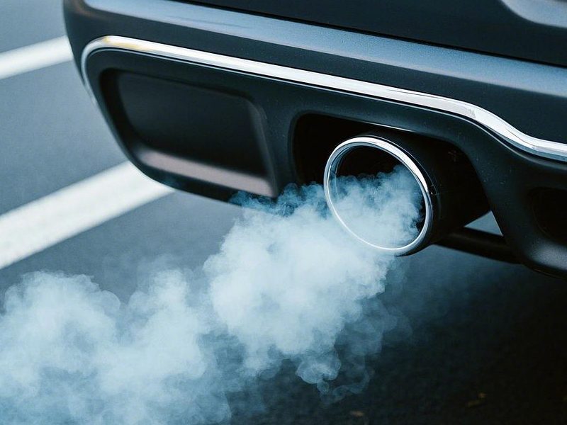 White smoke emitting from a car's exhaust pipe, indicating potential engine or coolant issues.
