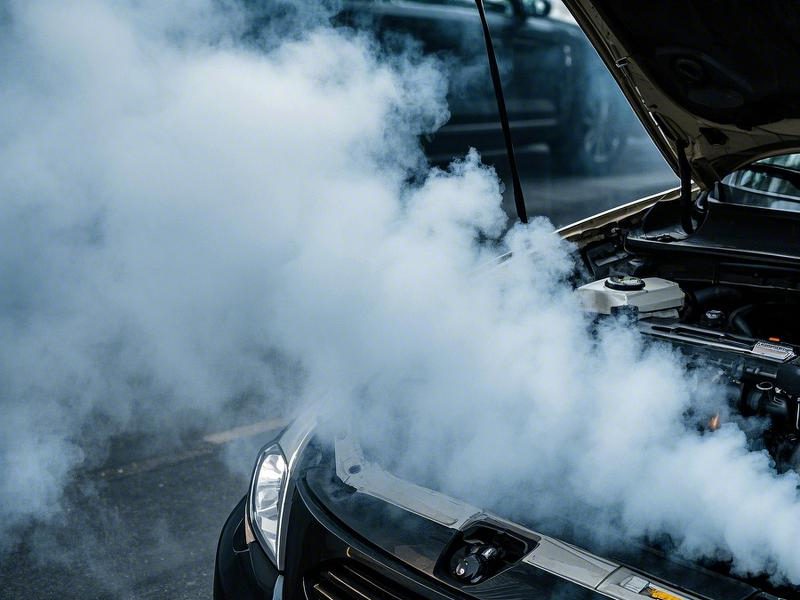 White smoke coming out from under a car’s engine hood, suggesting possible overheating or coolant leakage.