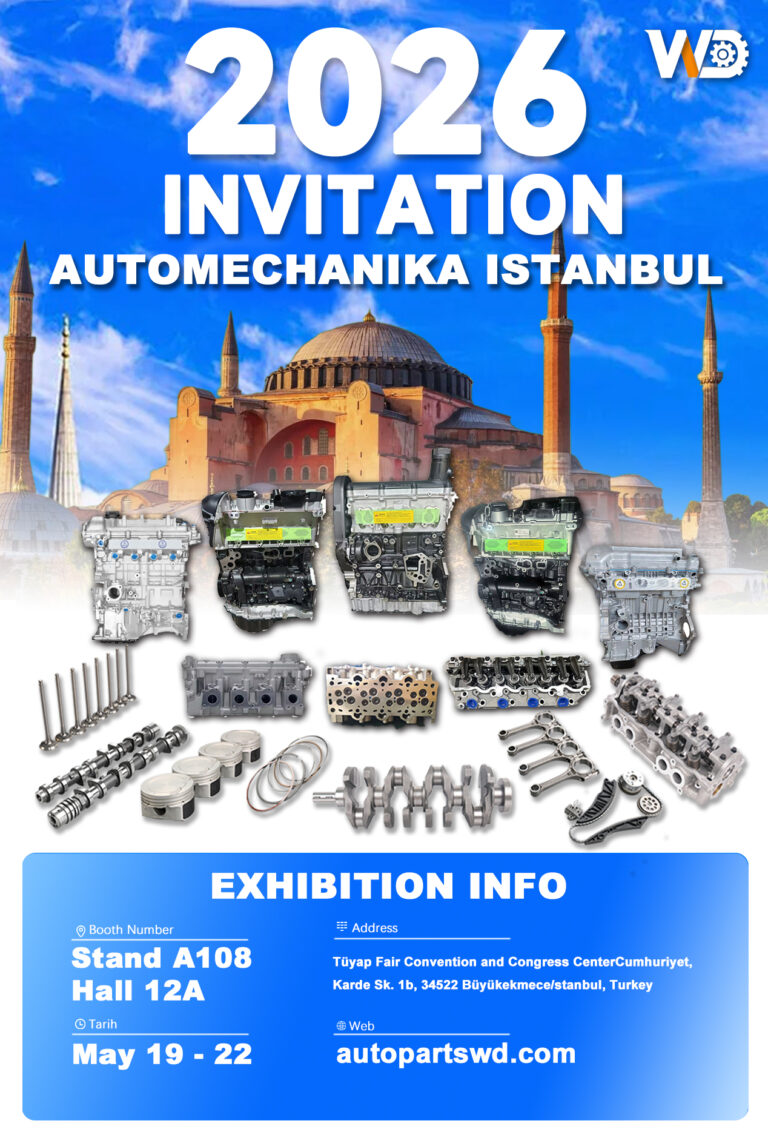 Cartaz de convite para a Automechanika Istanbul 2026, apresentando motores e peças automotivas, com detalhes da exposição, incluindo o estande A108, pavilhão 12A, de 19 a 22 de maio, e o Centro de Convenções e Congressos Tüyap em Istambul, Turquia.