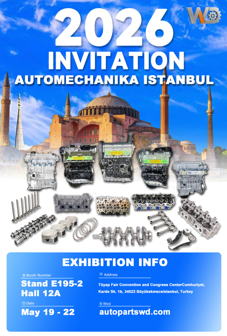 Woda Auto invitation poster for Automechanika Istanbul 2026, showing automotive engines and engine parts with exhibition details: Stand E195-2, Hall 12A, May 19–22, 2026, at Tüyap Fair Convention and Congress Center in Istanbul, Turkey.