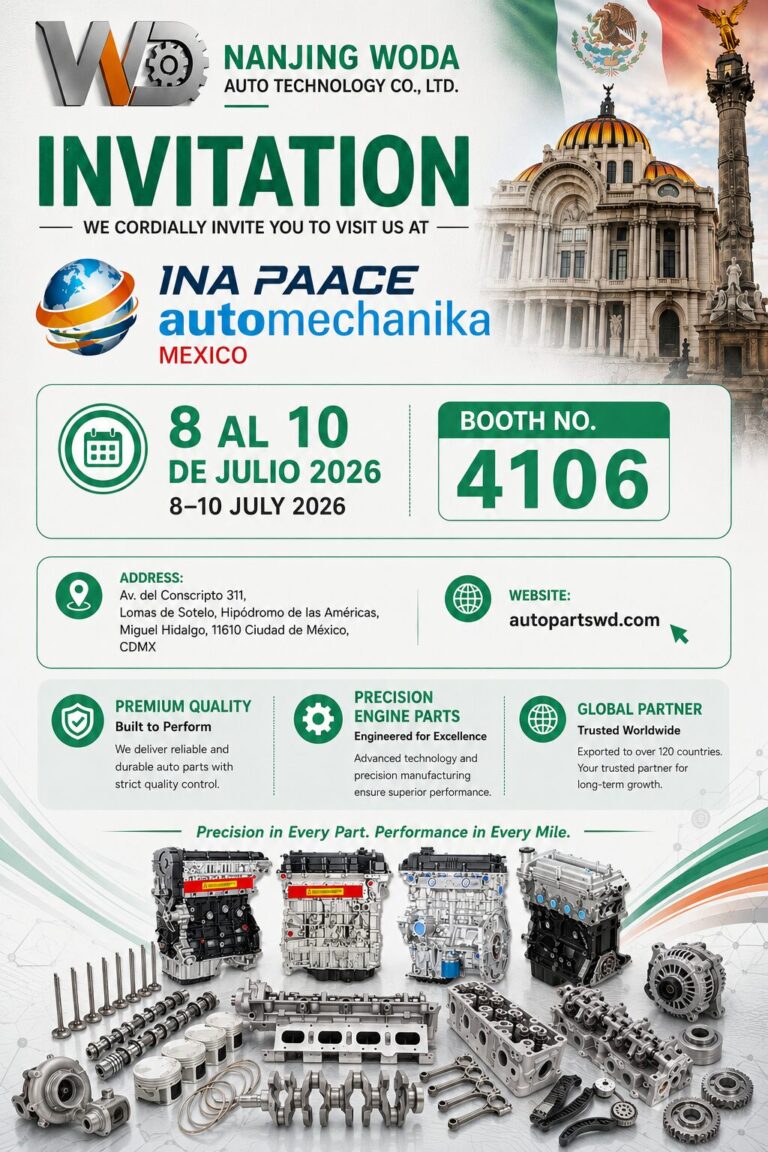 دعوة جناح شركة Woda Auto رقم 4106 لمعرض INA PAACE Automechanika Mexico 2026 مع محركات السيارات وقطع غيار المحركات.