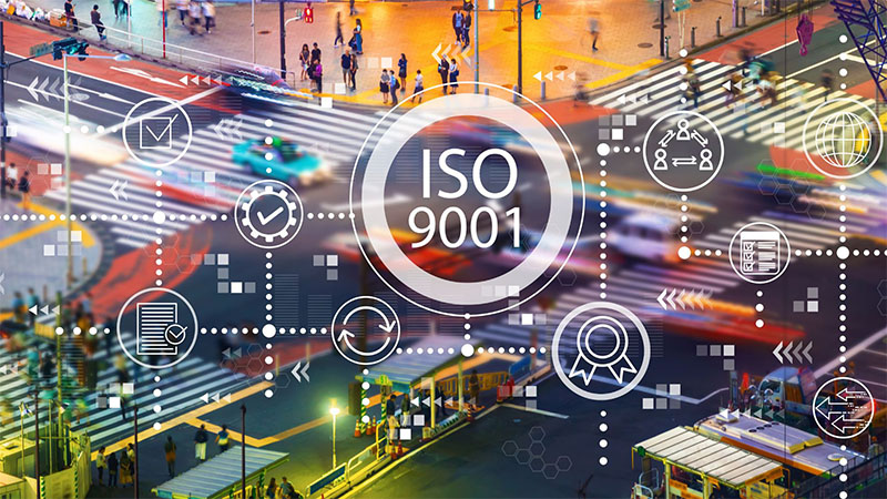 ISO 9001 certification with city traffic intersection, symbolizing compliance and quality standards in supplier selection.
