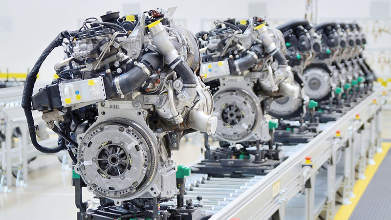 Auto engine assembly line at an engine factory.