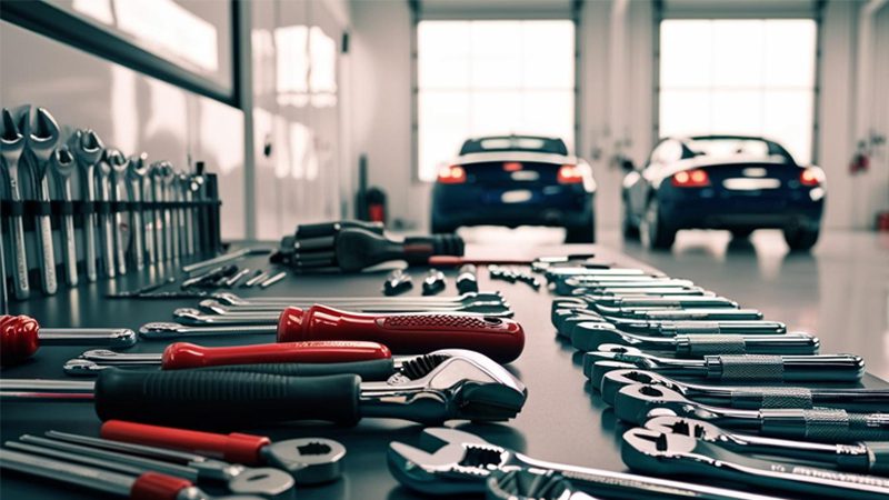 Autoreparaturwerkzeuge sind ordentlich in einer Autowerkstatt angeordnet und bereit für die Fahrzeugwartung und den Motorservice.