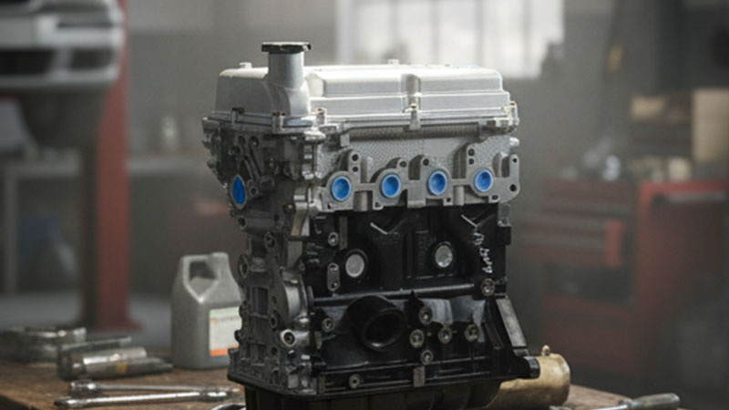 Detailed view of B12D1 1.2L long block engine assembly.