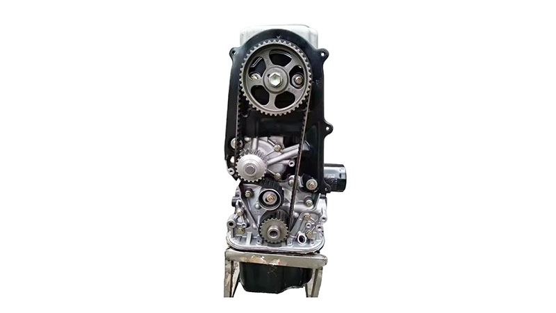 Side view of a B12S1 long block engine showing the timing belt system.