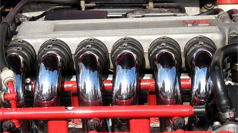 Close-up of a V6 engine.
