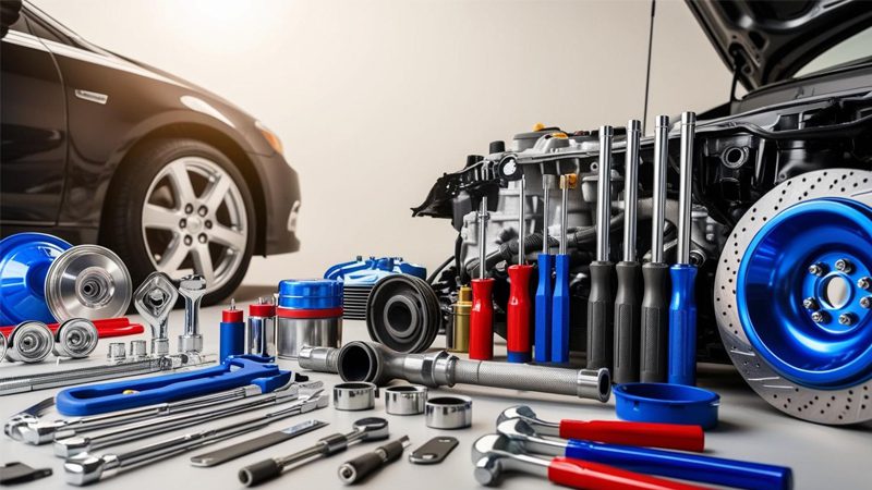 Autoreparaturwerkzeuge ordentlich auf einer Werkstattoberfläche präsentiert, bereit für Fahrzeugwartungs- und Serviceaufgaben