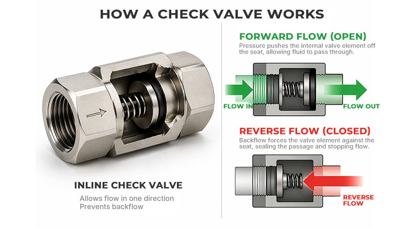 Inline check valve working principle diagram showing forward flow open and reverse flow closed with internal spring-loaded mechanism.