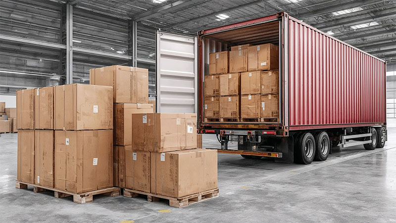 Boxes and shipping container in warehouse for international engine export logistics.