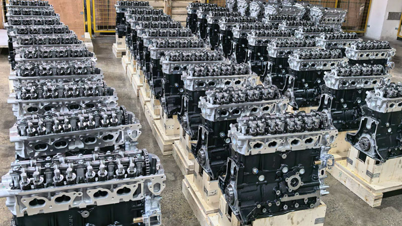 Batch of engine assemblies lined up and ready for export shipment.