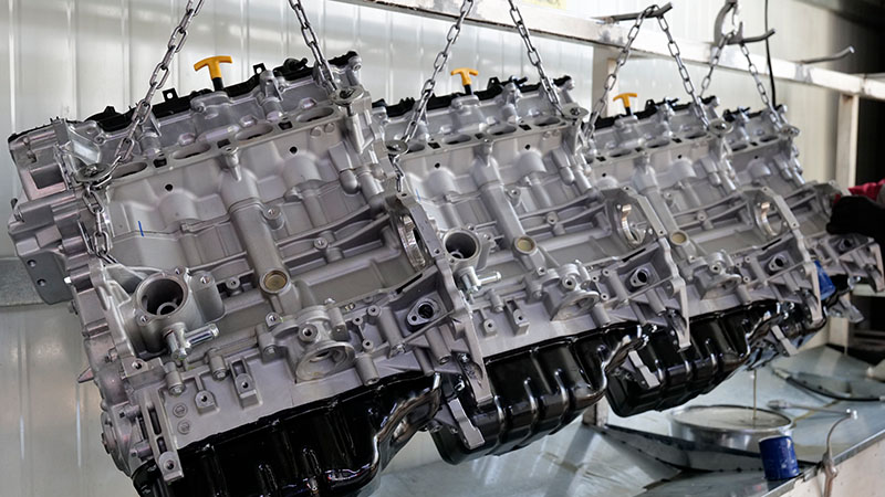 Engines assembled and ready for performance testing before export shipment.