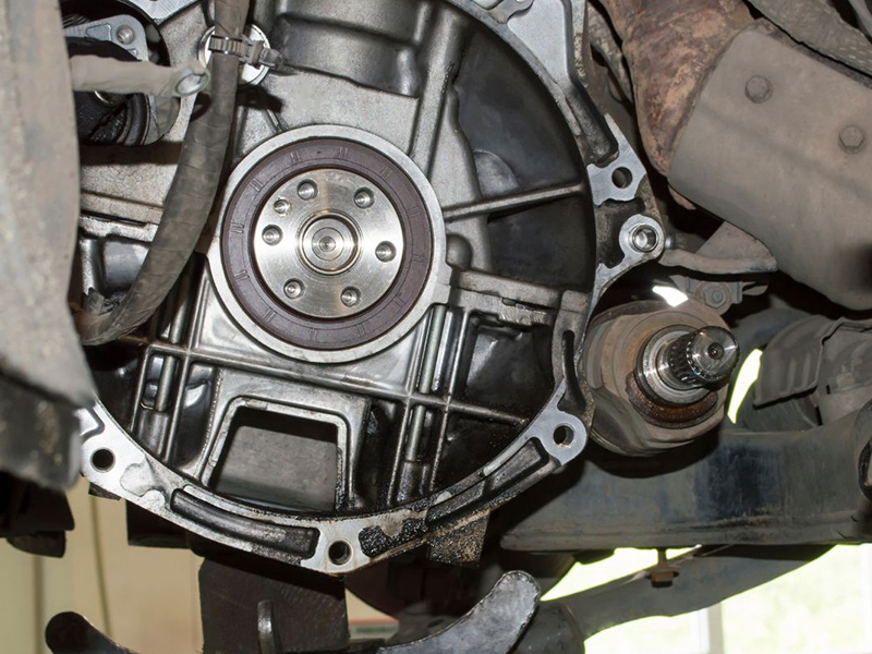 Close-up view of the rear crankshaft oil seal.