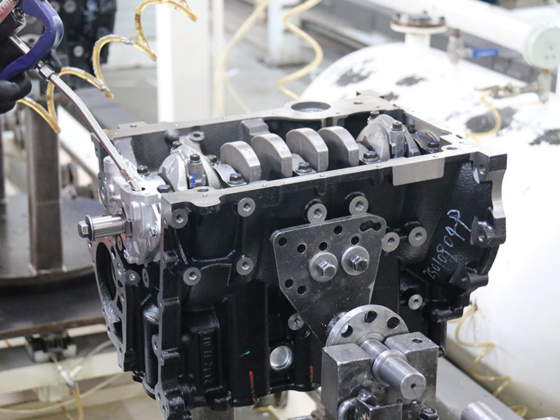 Crankshaft installed on an engine block during engine assembly