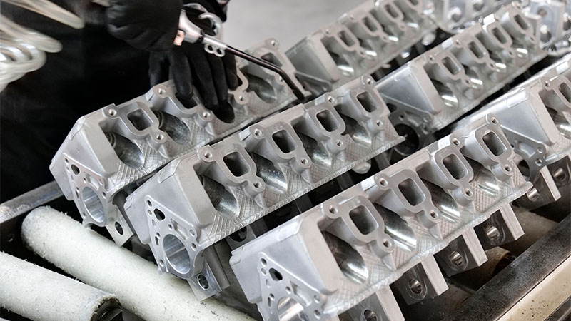 Mechanic cleaning cylinder heads before installation for engine assembly.