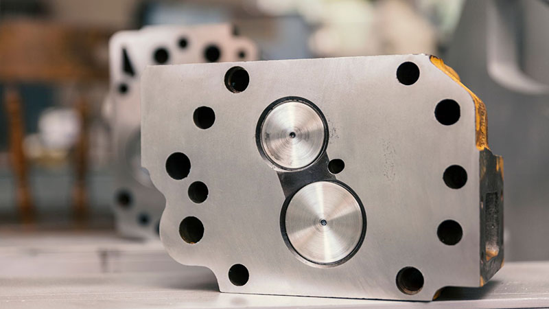 Close-up view of automotive cylinder head showing detailed components.