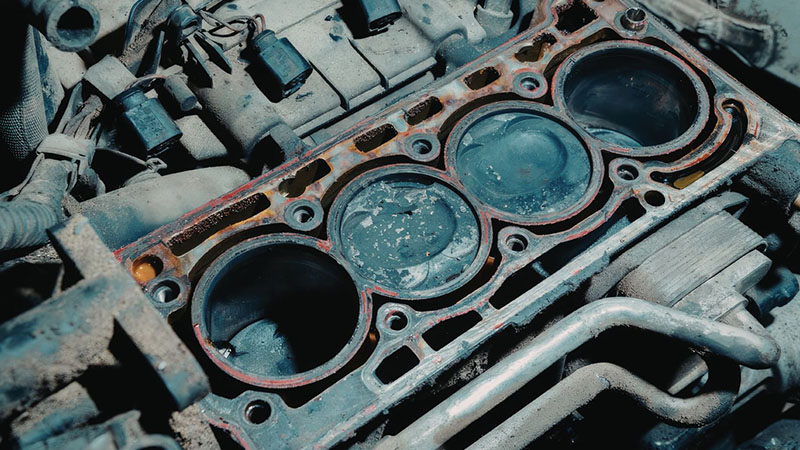 Close-up of a rusty engine cylinder head.